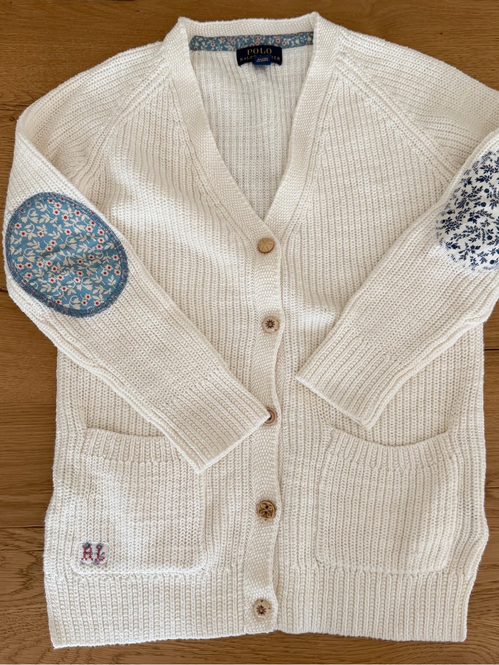 Polo by Ralph Lauren Cream Cardigan with Blue Floral Elbow Patches